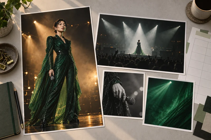 A fictional Artist campaign moodboard with a performance poster, cinematic stage image, square artwork, and planning sheet.