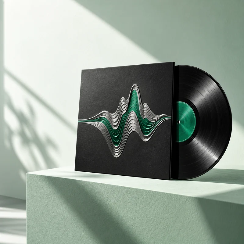 An illustrated record sleeve and vinyl pressing presented together as a release artwork concept.